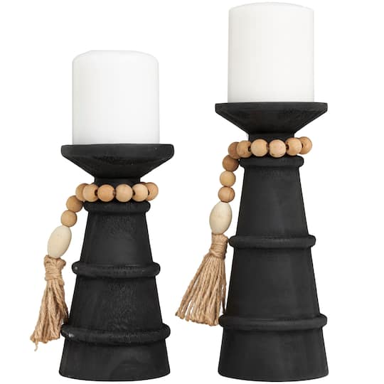 Black Wood Handmade Textured Matte Candle Holder with Beaded Garland Accent Set